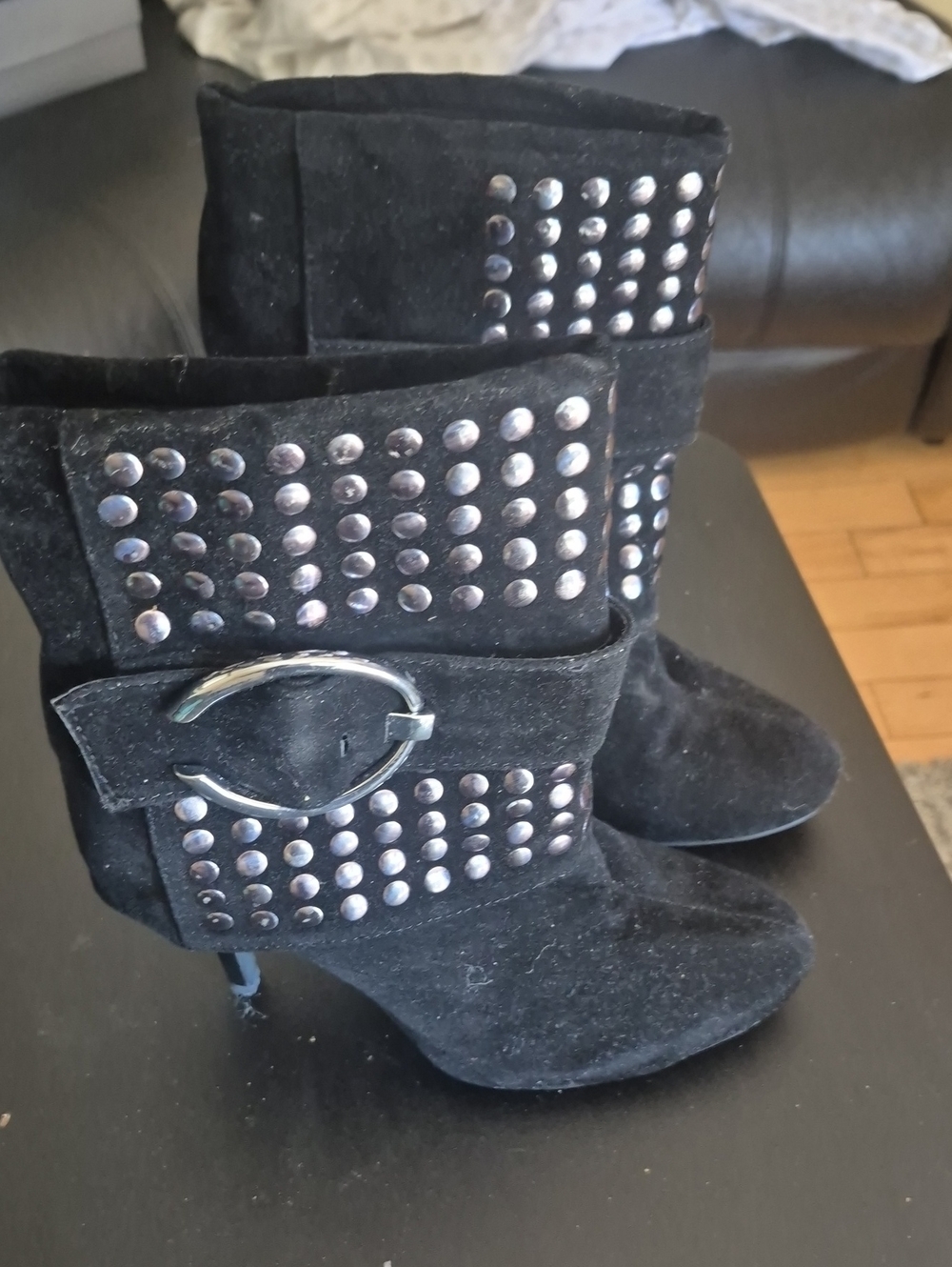 Studded Buckle Suede Ankle Boots - Black